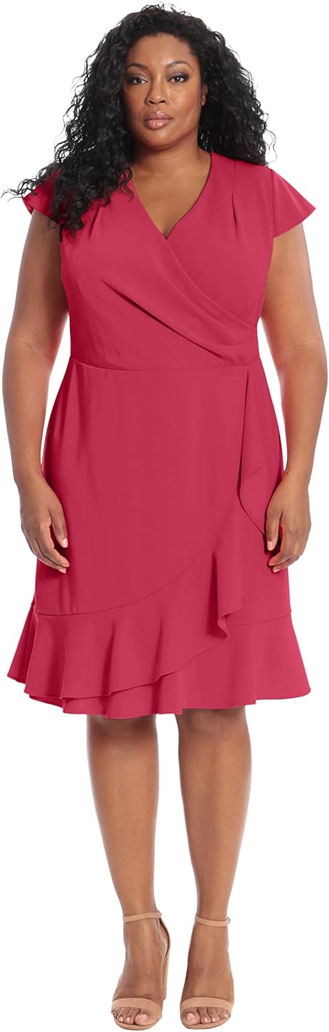London Times Women's Dresses Feminine Ageless Surplice V-Neck Faux Wrap Ruffle Dress Office Event Shower Guest of