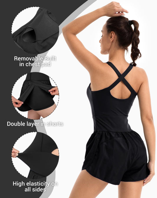 Wenlia Women Workout Romper Onesie with Padded Bras Sleeveless One Piece Outfits Shorts Atheletic Running Jumpsuit Clothes