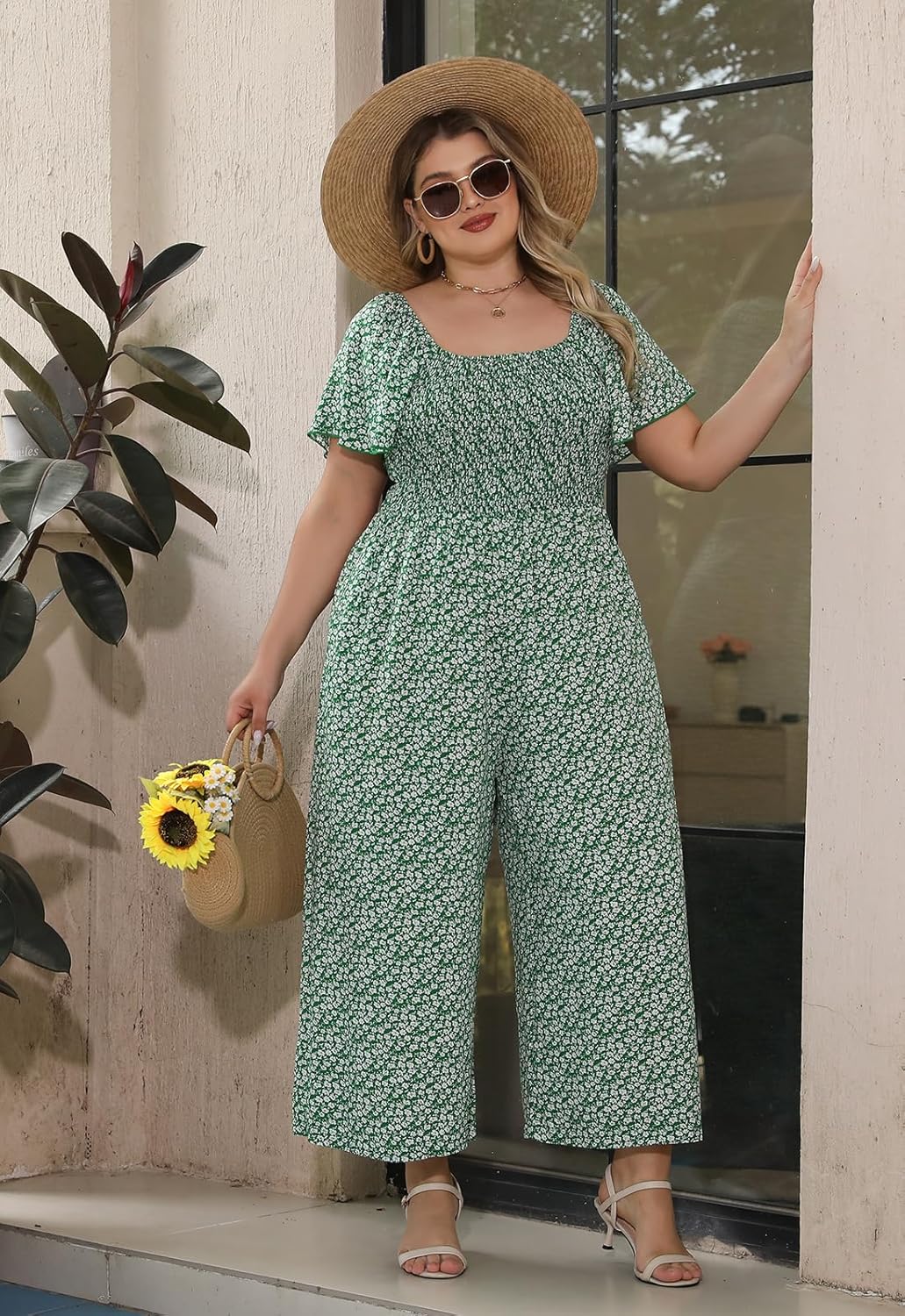 Nemidor Womens Plus Size Casual Long Pant Jumpsuits Summer Print Ruffle Sleeve Smocked Waisted Romper with Pocket 16-26