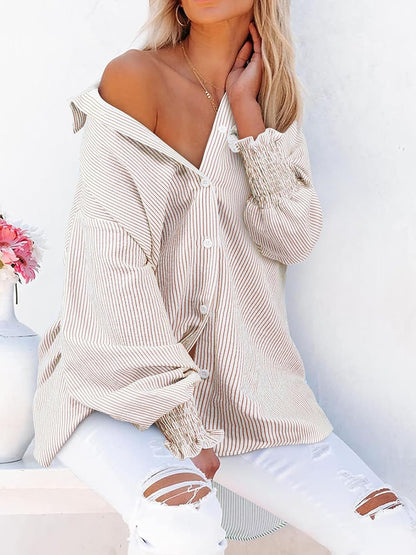 Women's Striped Button Down Shirts Long Sleeve Smocked Cuffed Oversized Boyfriend Blouses Collared Work No Pockets Tops
