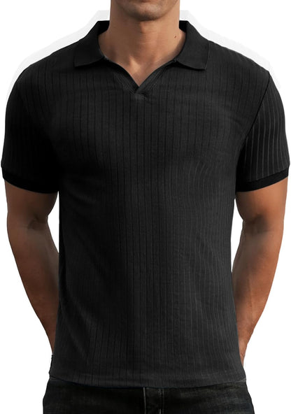 Askdeer Men's Muscle Polo Shirts V Neck Slim Fit Ribbed T Shirts Short/Long Sleeve Golf Collar Shirt Knit Casual Tee