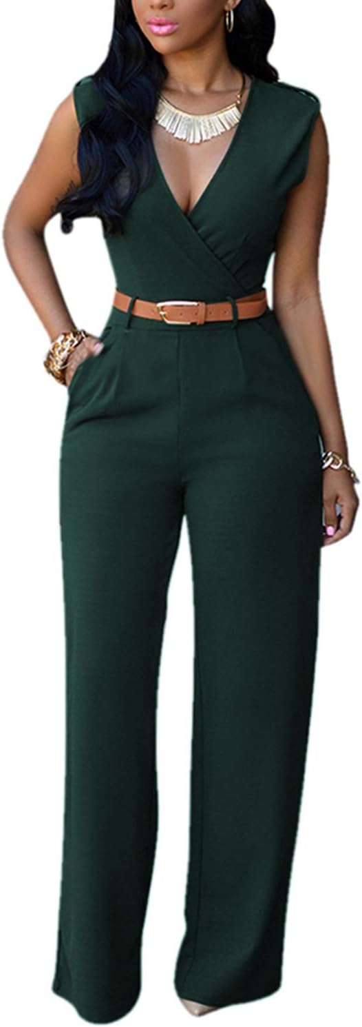 Pink Queen Jumpsuits for Women Dressy V Neck Sleeveless Wide Leg Long Pants Rompers