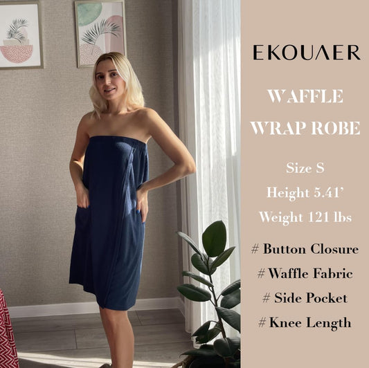Ekouaer Waffle Robes For Women Bath Wraps Lightweight Knee Length Soft Shower Robe with Pocket S-L