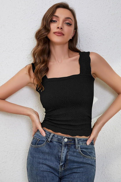 MISSACTIVER Women Square Neck Wide Straps Crop Tank Tops Casual Floral Sleeveless Lettuce Trim Slim Fit Crop Cami Vest Tops