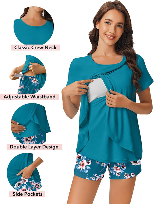 Ekouaer 3 PCS Maternity Nursing Pajamas Set Postpartum Breastfeeding Short Sleeve Shirts, Pregnancy Shorts & Pants Pjs S-XXL