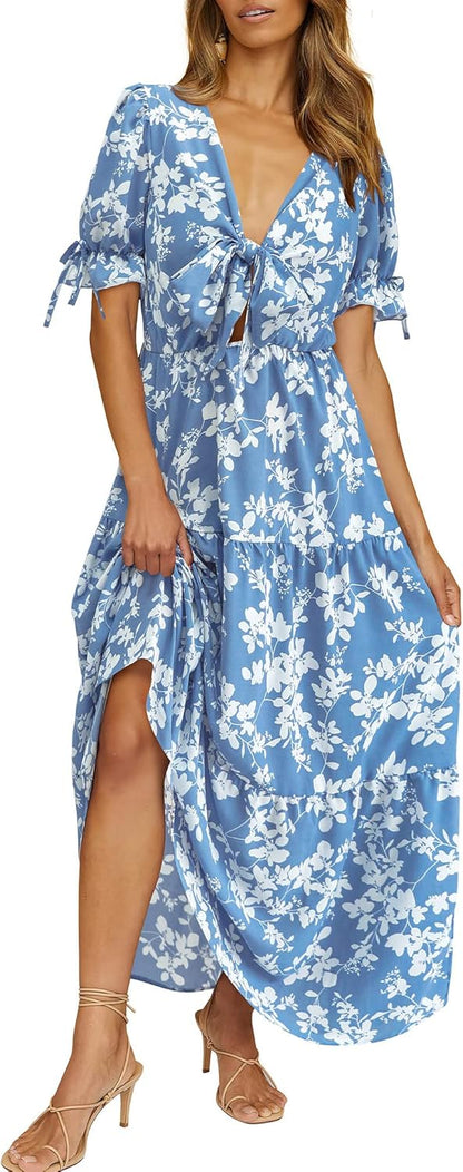 BTFBM 2025 Womens Summer Boho Dress Tie Front Deep V Neck Cutout Short Sleeve Casual Party Floral Beach Maxi Dresses