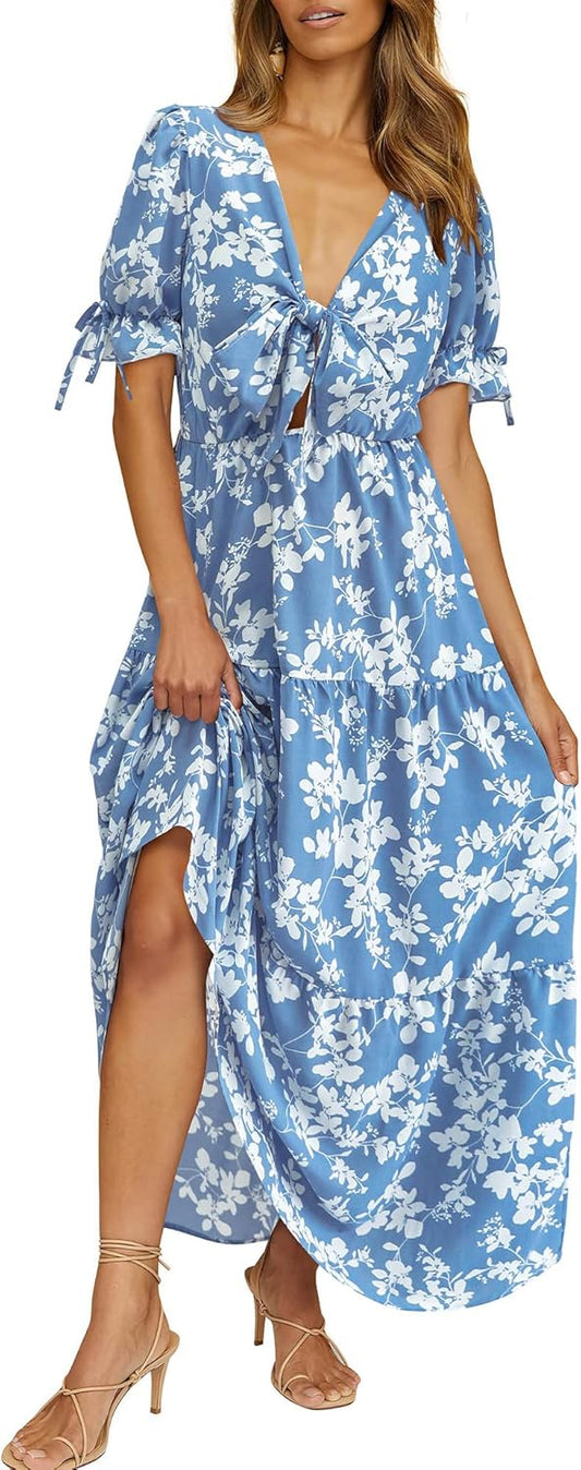 BTFBM 2025 Womens Summer Boho Dress Tie Front Deep V Neck Cutout Short Sleeve Casual Party Floral Beach Maxi Dresses