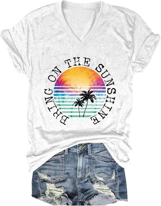 Women's T-Shirts V-Neck Dragonfly Tee Cute Summer Graphic Shirts Vintage Boho Flowers Short Sleeve T Shirt