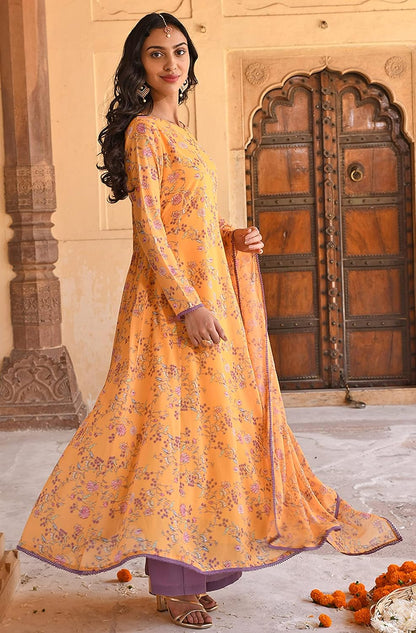 Janasya Indian Women's Yellow Flowy Printed Kurta Kurti Top Tunic Festive Evening wear Kurta Set with Dupatta for Women