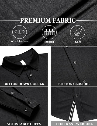 LETSEE Mens Casual Button Down Shirt Untucked Long Sleeve Denim Textured Shirt Strech Wrinkle-Free Dress Shirt