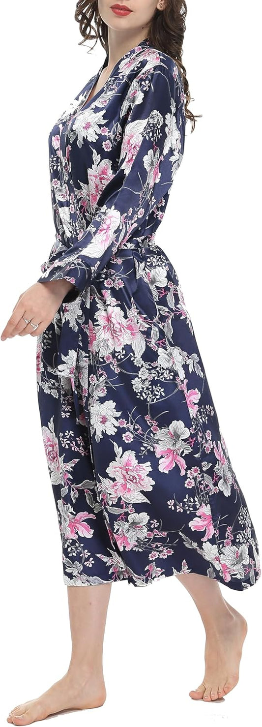 Lavenderi Women's Satin Kimono Robe - Long Classic Satin Lounge Bathrobe