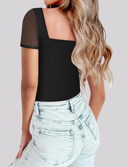 Chunpin Women's Mesh Square Neck Bodysuit Short Sleeve Long Sleeve Outfits Tops Thong Bodysuit