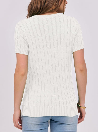 ANRABESS Womens Short Sleeve Sweaters Tops Crewneck Cable Knit Casual Soft Pullover Shirt 2025 Spring Summer Business Outfits