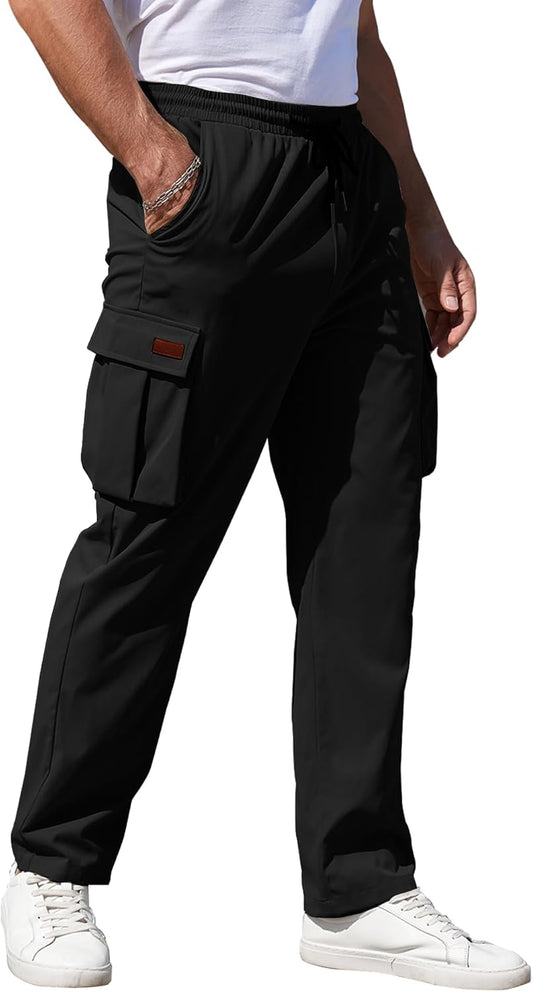 Mens Cargo Pants Drawstring Relaxed Fit Pants Stretch Elastic Waist Work Outdoor Casual Pants with Pockets