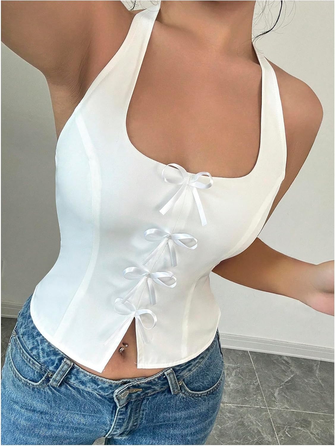 SHENHE Women's Cute Bow Front Crop Halter Top Sleeveless Backless Slit Y2k Top Vest