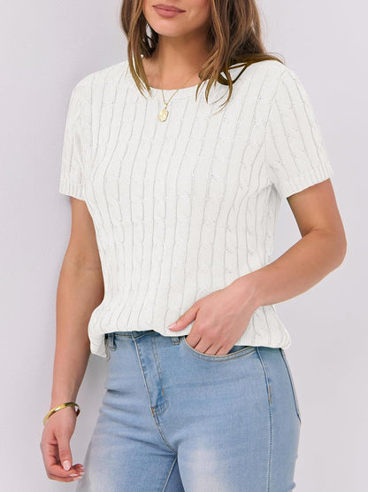 ANRABESS Womens Short Sleeve Sweaters Tops Crewneck Cable Knit Casual Soft Pullover Shirt 2025 Spring Summer Business Outfits