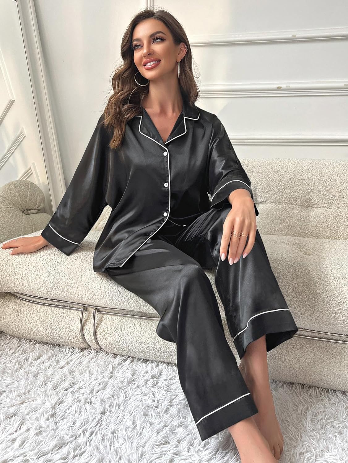 5Pcs XS-XXL Womens Silk Satin Pajamas Sets Long Pj Sets Button Down Pjs Set Loungewear Sleepwear