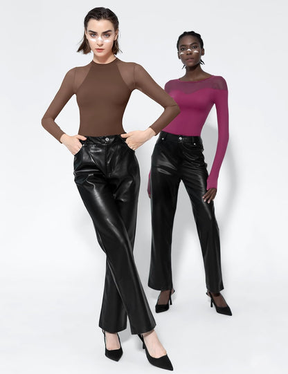 PUMIEY Mesh Long Sleeve Bodysuit for Women Crew Neck Body Suits Sexy Sheer Tops Smoke Cloud Collection