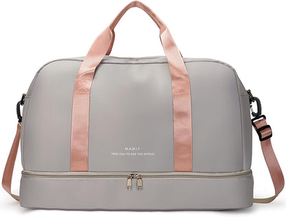 FOAN & MABLE Light Sports Travel Duffel Bag with Shoe Compartment, Large Capacity Gym Bag with Wet Pocket for lady （Grey）