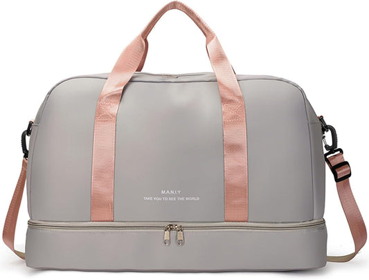 FOAN & MABLE Light Sports Travel Duffel Bag with Shoe Compartment, Large Capacity Gym Bag with Wet Pocket for lady （Grey）