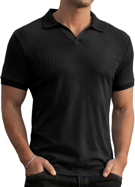 Askdeer Men's Muscle Polo Shirts V Neck Slim Fit Ribbed T Shirts Short/Long Sleeve Golf Collar Shirt Knit Casual Tee