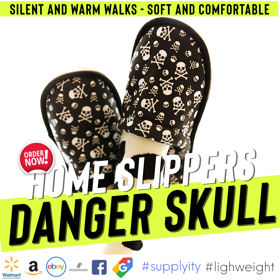 Chochili Men Danger Skull Home Slippers Black and White Lightweight Silent Walk Size 8 to 10