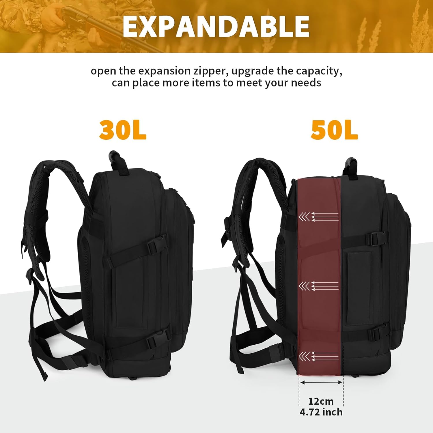 HUNTVP 45L Tactical Backpack Military Backpack Expandable MOLLE Rucksack Hunting Gear Bag Assault Pack Army Backpack(Black)