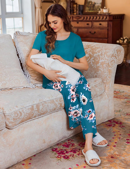 Ekouaer 3 PCS Maternity Nursing Pajamas Set Postpartum Breastfeeding Short Sleeve Shirts, Pregnancy Shorts & Pants Pjs S-XXL
