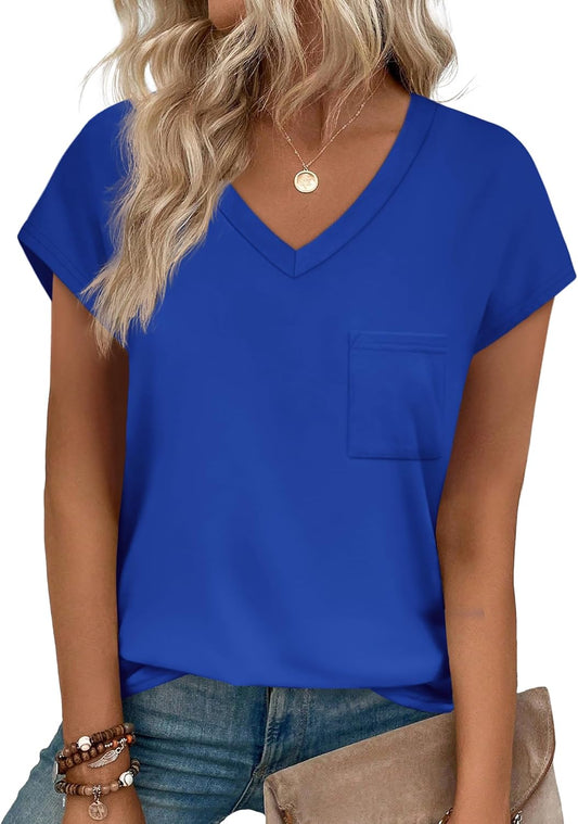 SAMPEEL Womens T Shirts V Neck Cap Short Sleeve Summer Tops Trendy 2025 Loose Casual Tshirts with Pocket