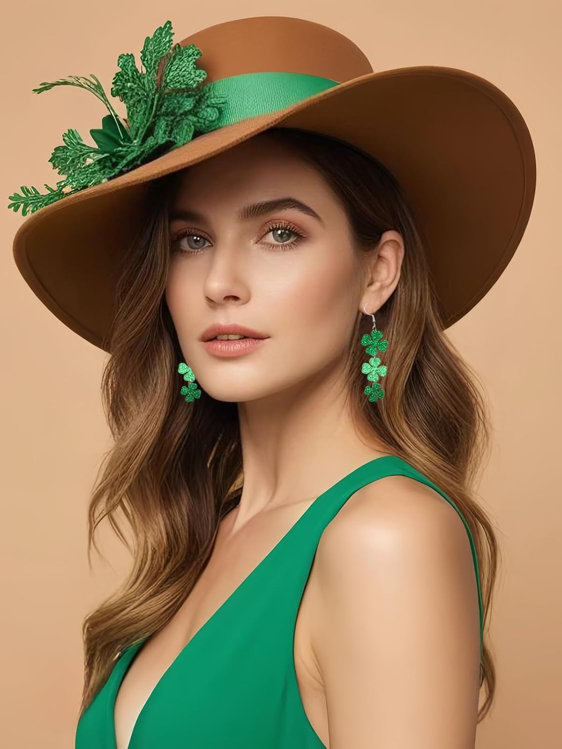St Patricks Day Green Shamrock Clover Earrings for Women, Irish St. Patrick's Day Accessories Good Luck Hoop Dangle Glitter Earrings (Type 1)