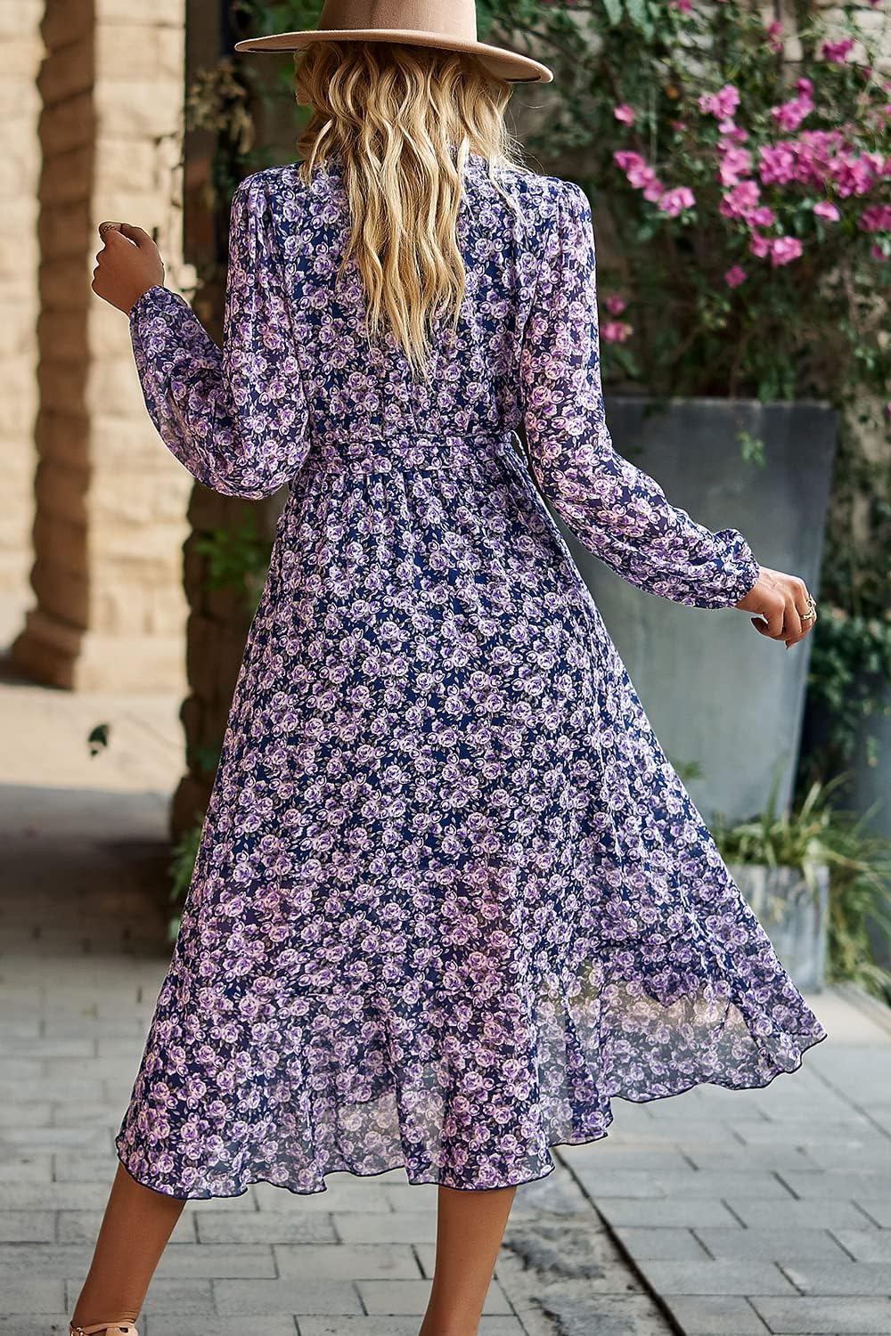 PRETTYGARDEN Women's Floral Boho Dress Fall Long Sleeve Wrap V Neck Ruffle Flowy Maxi Spring Wedding Guest Vacation Dresses