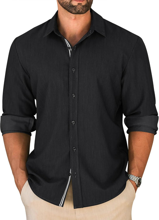 LETSEE Mens Casual Button Down Shirt Untucked Long Sleeve Denim Textured Shirt Strech Wrinkle-Free Dress Shirt