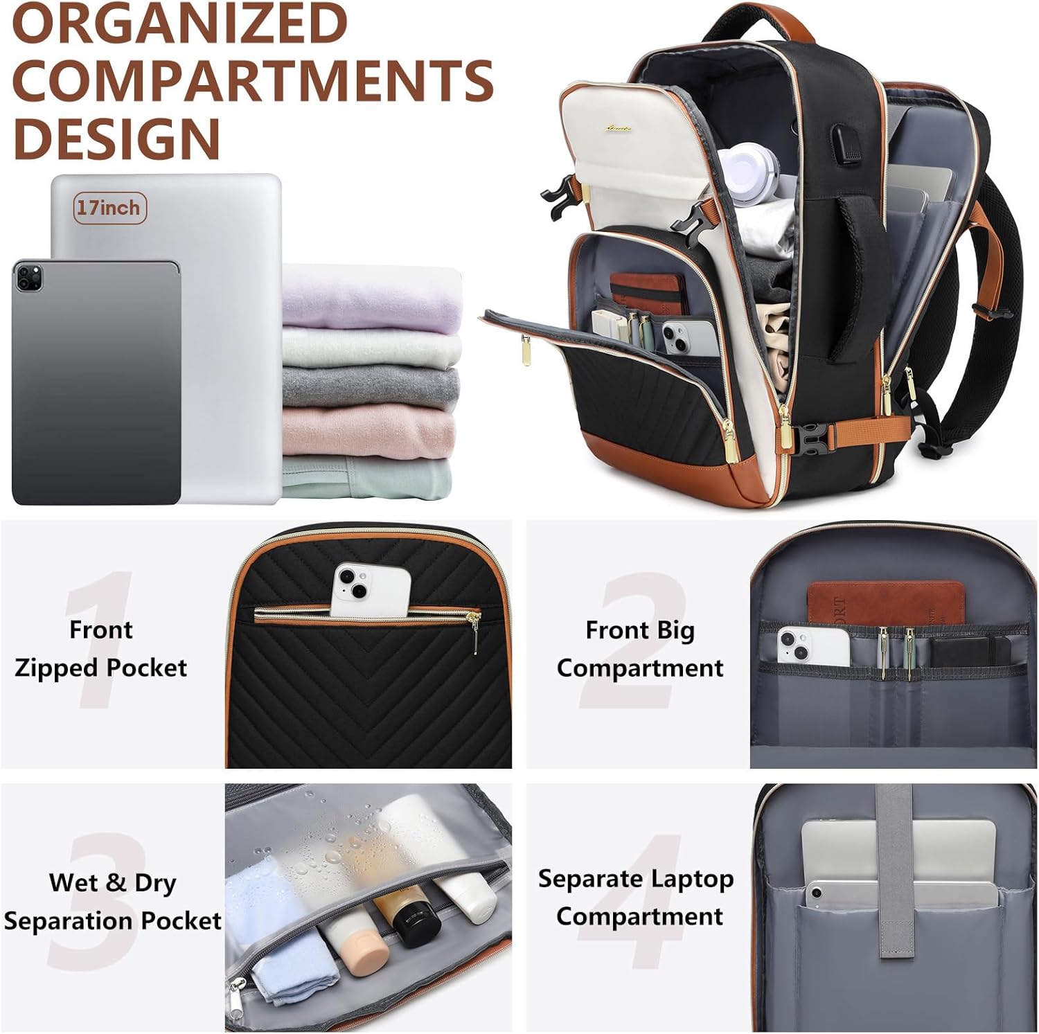 Large Carry On Travel Backpack: Flight Approved 40L Waterproof TSA Personal Item Daypack for Women Weekender Bag fit 17inch Laptop Luggage Backpack Traveling Business with USB Port and 3 Packing Cubes