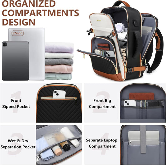 Large Carry On Travel Backpack: Flight Approved 40L Waterproof TSA Personal Item Daypack for Women Weekender Bag fit 17inch Laptop Luggage Backpack Traveling Business with USB Port and 3 Packing Cubes