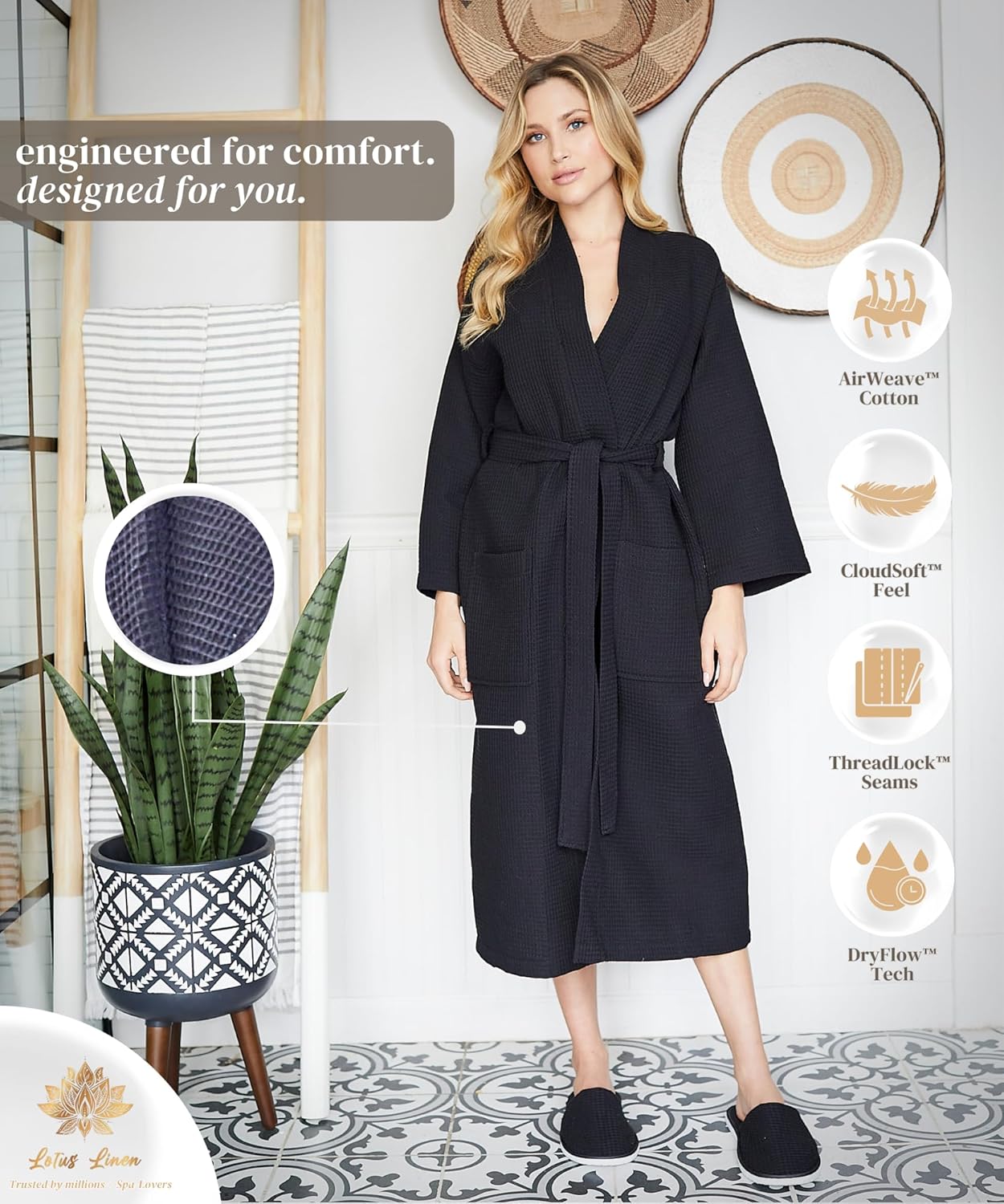 Lotus Linen Waffle Robes for Women - Lightweight Cotton Kimono Bathrobe - Long Soft Spa Bath Robe