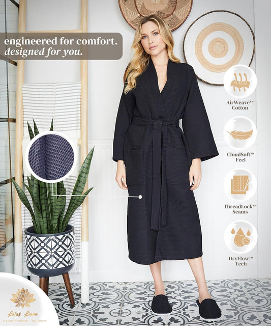 Lotus Linen Waffle Robes for Women - Lightweight Cotton Kimono Bathrobe - Long Soft Spa Bath Robe