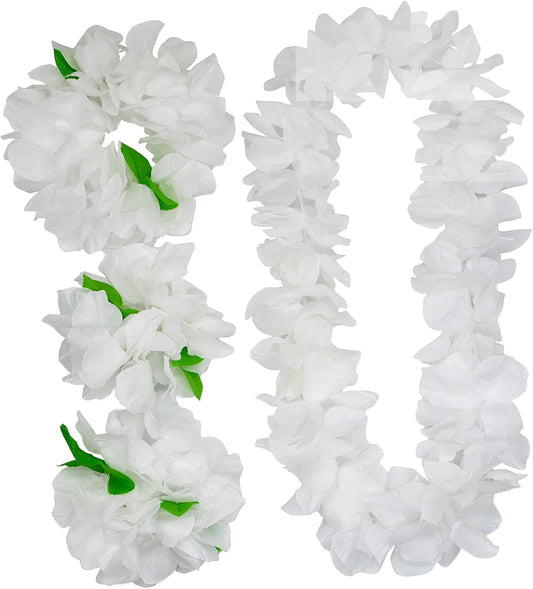 4 Pcs White Hawaiian Leis with Green Leaves for Graduation Party, Dance Party, Photo Prop in Outdoors (White-02)