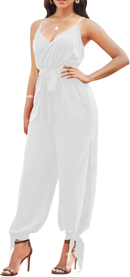 LightlyKiss Casual Summer Dressy Jumpsuits for Women Spaghetti Strap Wide Leg Split Long Pants Loose Fit Rompers