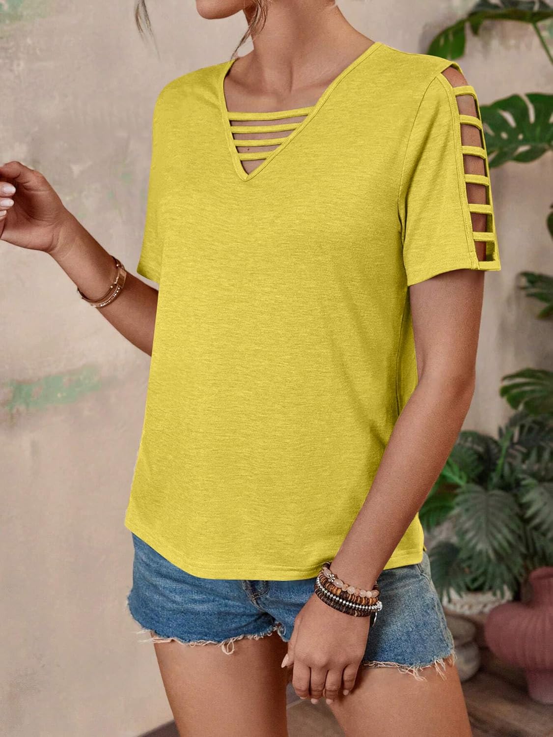 Women's Spring V Neck T-Shirt Loose Fit Hollow Out Short Sleeve Casual Summer Basic Tops for 2025 Beach Vacation