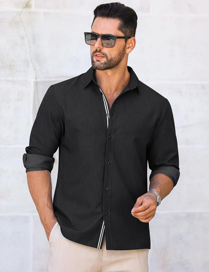 LETSEE Mens Casual Button Down Shirt Untucked Long Sleeve Denim Textured Shirt Strech Wrinkle-Free Dress Shirt