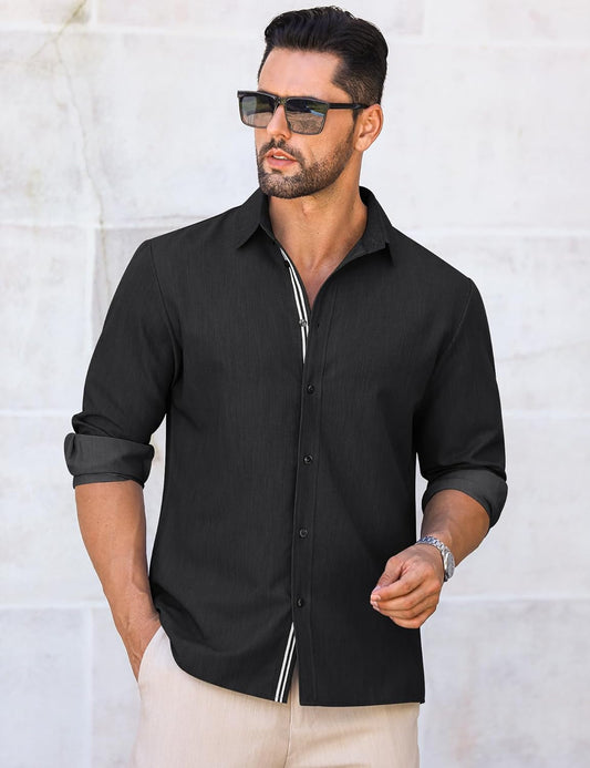 LETSEE Mens Casual Button Down Shirt Untucked Long Sleeve Denim Textured Shirt Strech Wrinkle-Free Dress Shirt