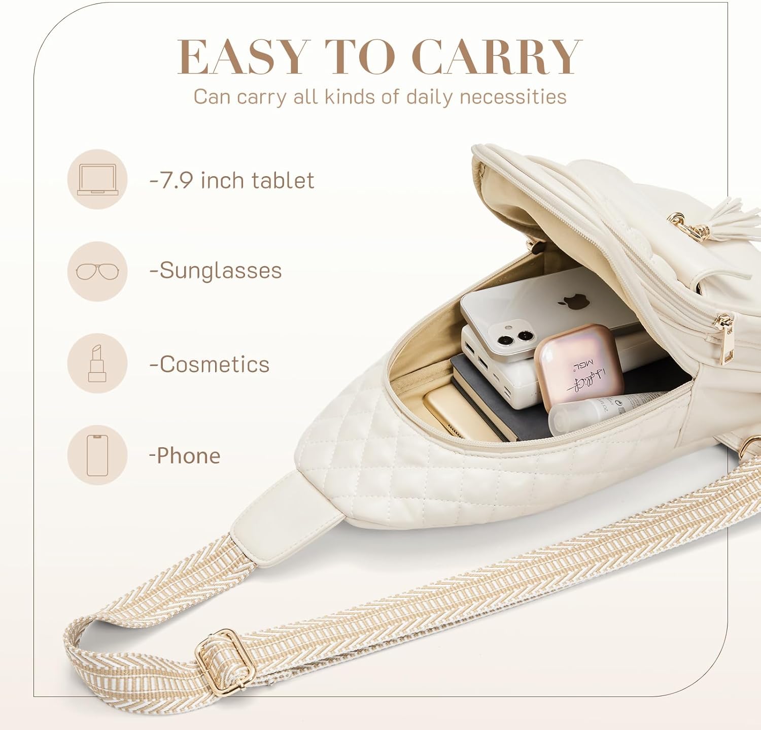 Missnine PU Leather Sling Bag for Women Quilted Chest Crossbody Trendy Travel Bag for Hiking Cycling with Tassel