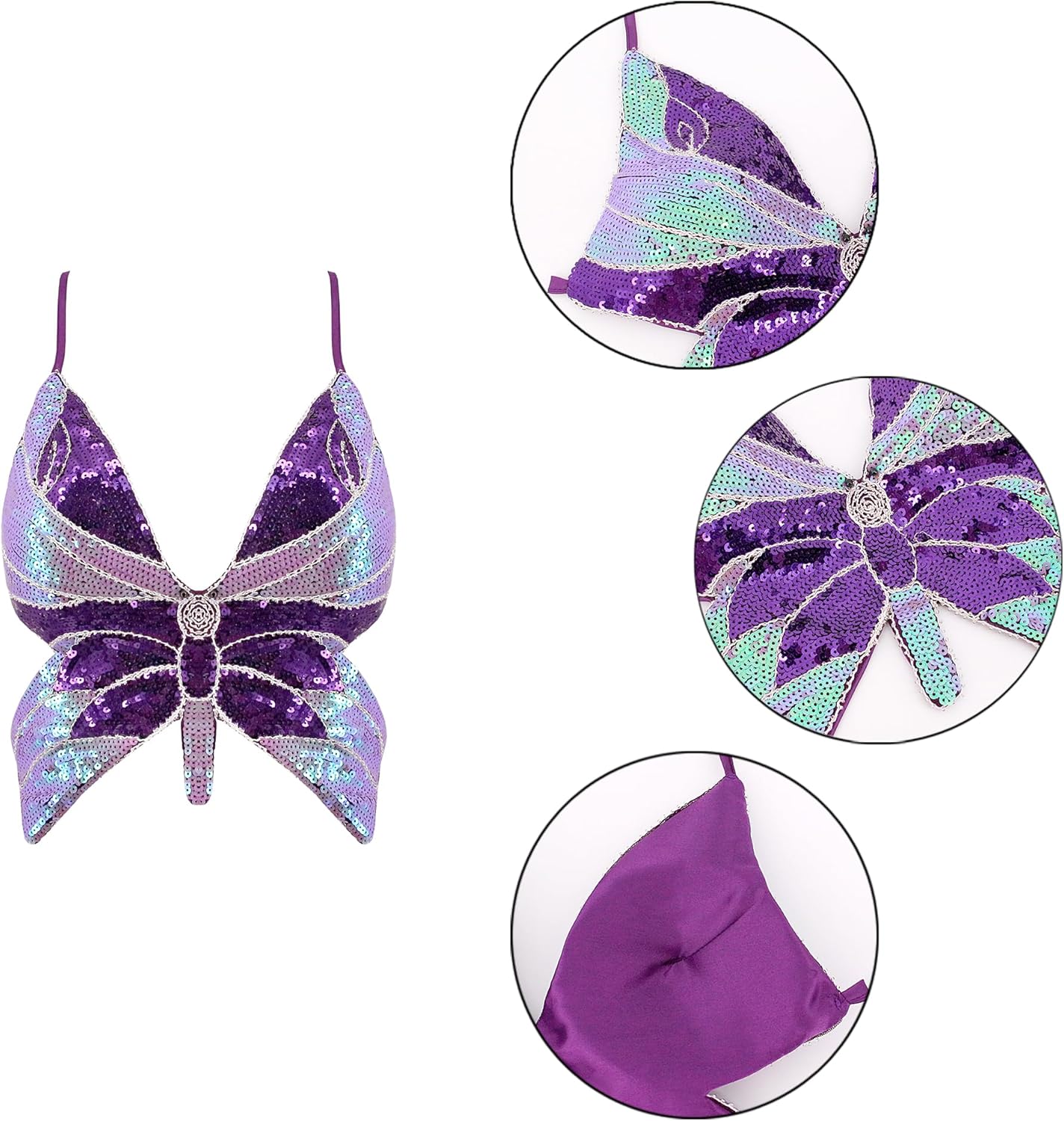 Mocure Womens Glitter Sequin Butterfly Crop Top Low-Cut Tank Top Rave Tube Vest Top for Belly Dance Costume Outfits