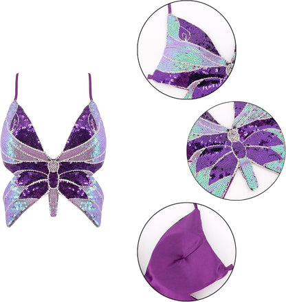 Mocure Womens Glitter Sequin Butterfly Crop Top Low-Cut Tank Top Rave Tube Vest Top for Belly Dance Costume Outfits