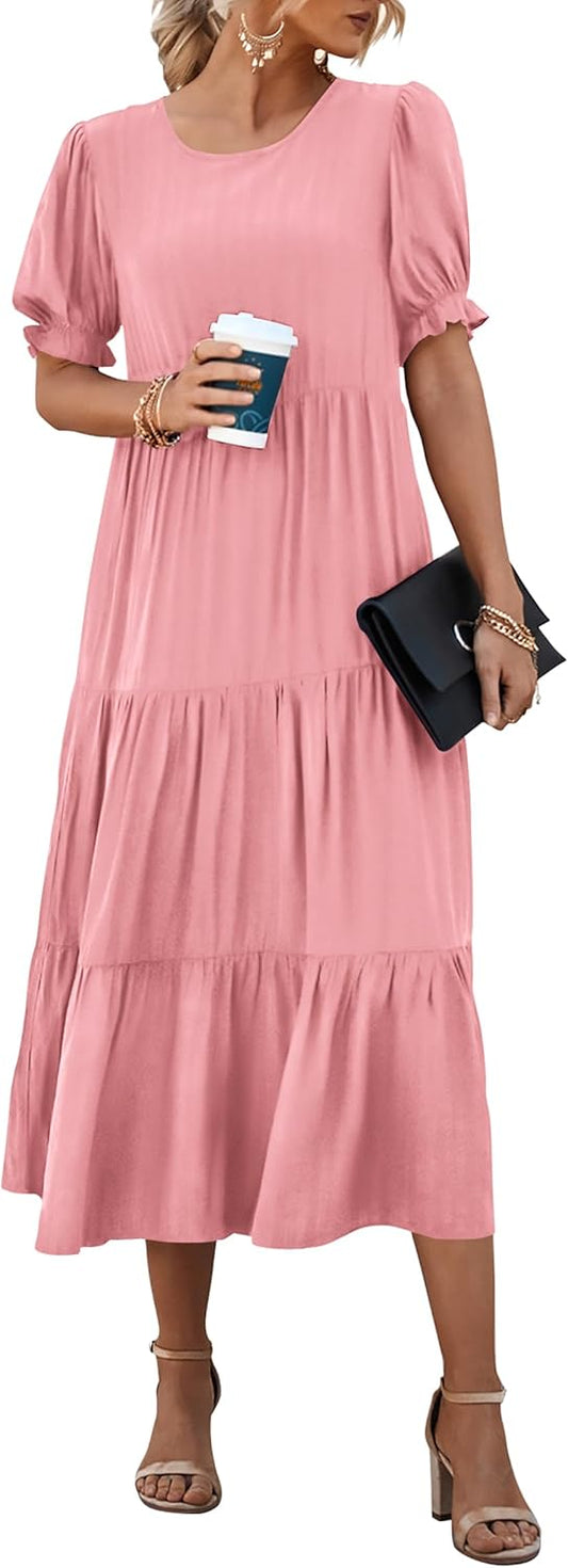 PRETTYGARDEN Summer Dresses for Women 2025 Casual Floral Boho Midi Sun Dress Puff Short Sleeve Flowy Beach Vacation Sundress