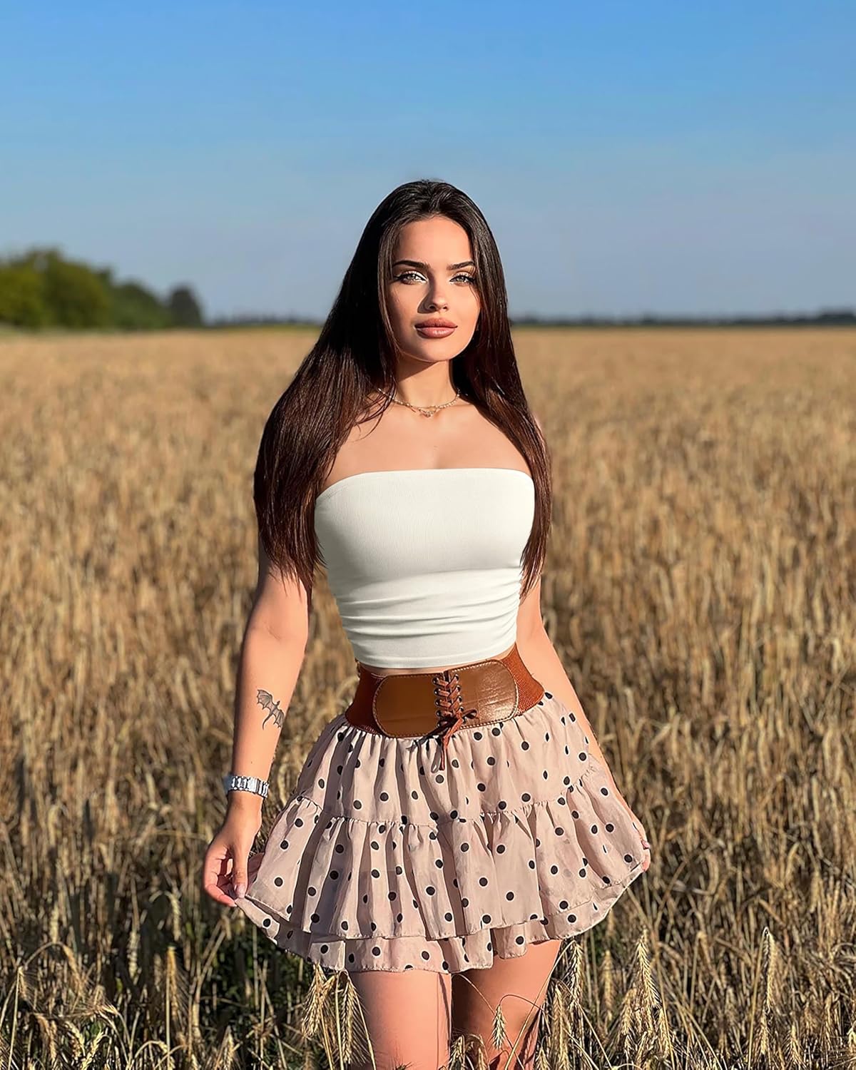 OQQ Womens 2 Piece Tube Tops Strapless Basic Sleeveless Stretch Classic-Fit Shirts Sexy Crop Tops