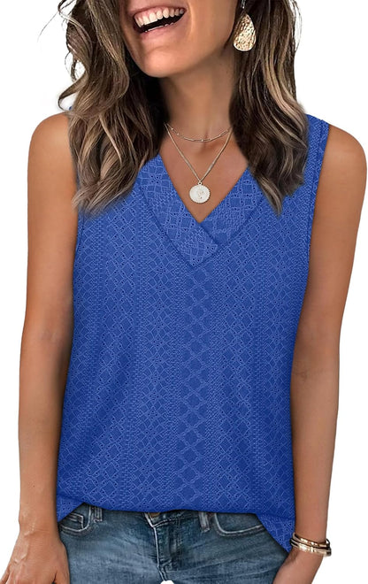 WIHOLL Tank Top for Women Summer Outfits V Neck T Shirts Trendy Eyelet Sleeveless Basic Beach Vacation Clothes