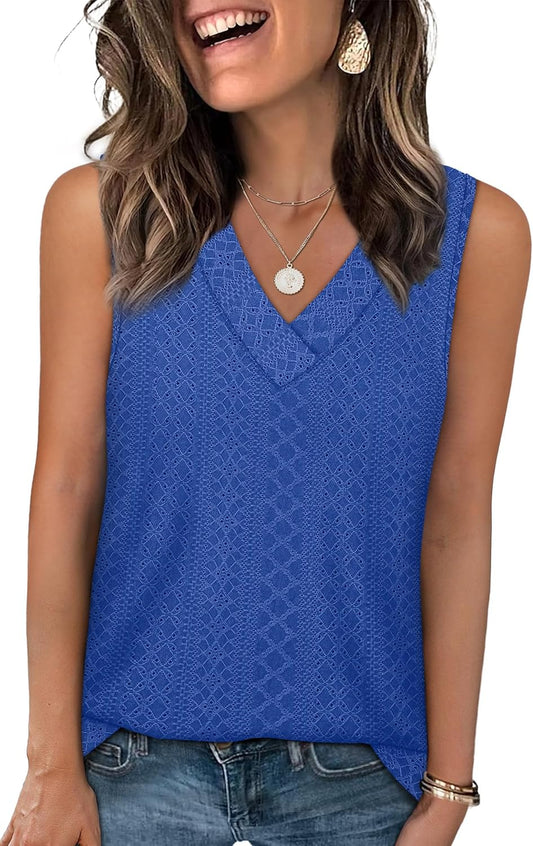 WIHOLL Tank Top for Women Summer Outfits V Neck T Shirts Trendy Eyelet Sleeveless Basic Beach Vacation Clothes