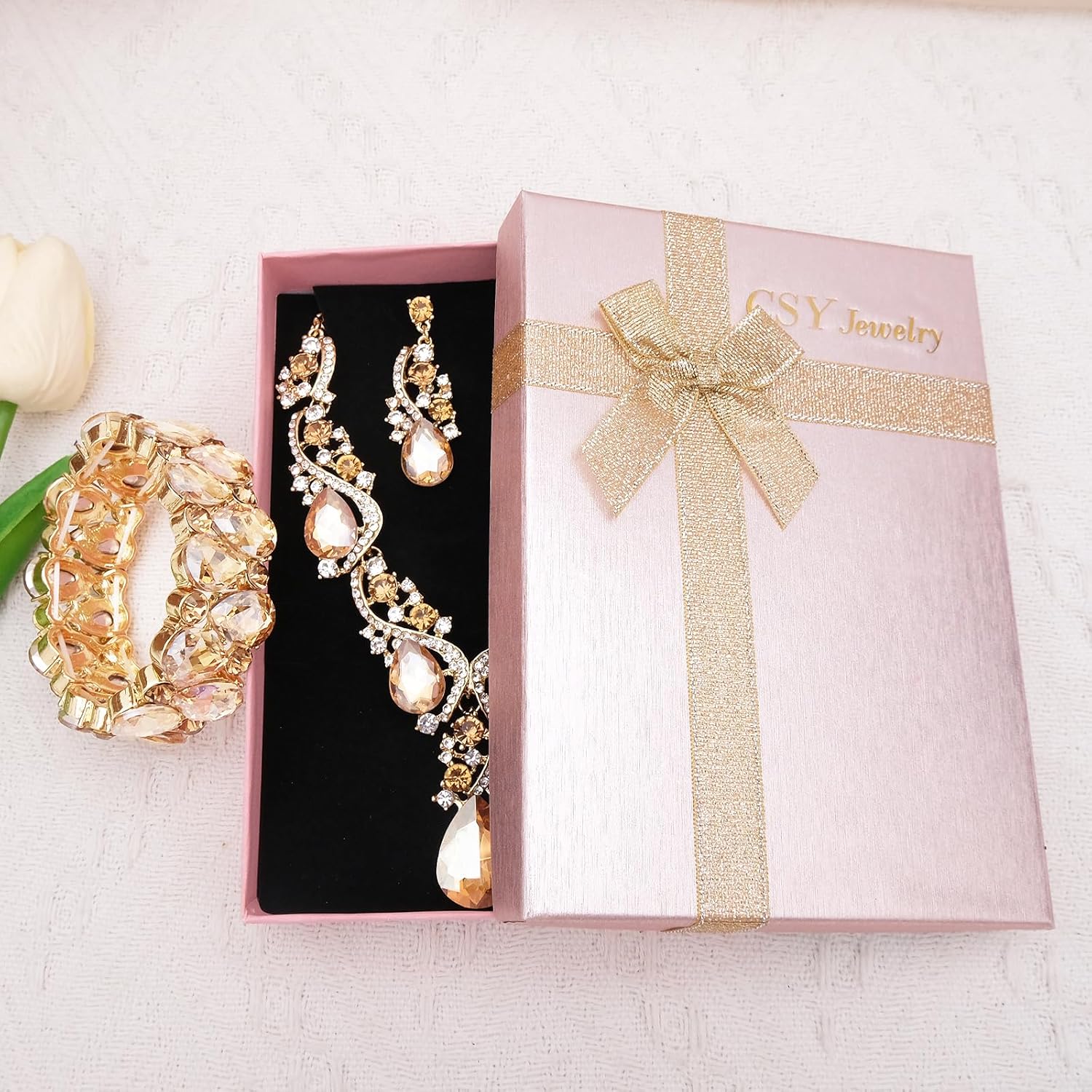 CSY Women's Elegant Bridal Necklace Earrings Stretch Bangle Bracelsts Set for Bride Bridesmaid Wedding Teardrop Crystal Costume Jewelry Sets