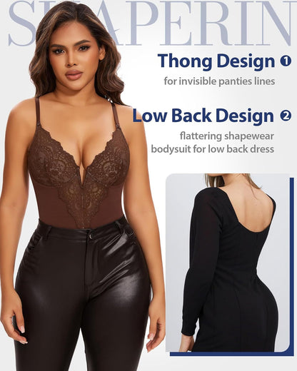 SHAPERIN Sexy Lace Shapewear Bodysuit Women's Sleeveless V Neck Tummy Control Backless Thong Tank Tops Body Suit Shaper